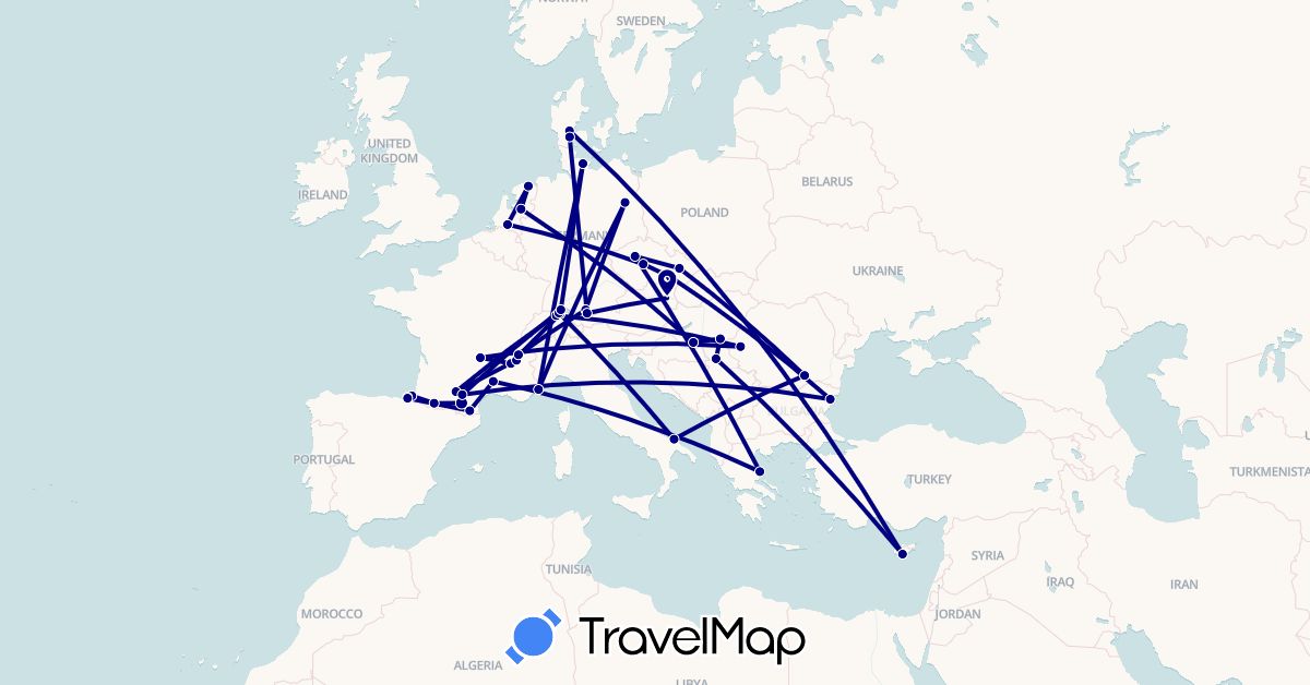 TravelMap itinerary: driving in Austria, Bulgaria, Switzerland, Cyprus, Czech Republic, Germany, Denmark, Spain, France, Greece, Hungary, Italy, Netherlands, Romania, Serbia (Asia, Europe)